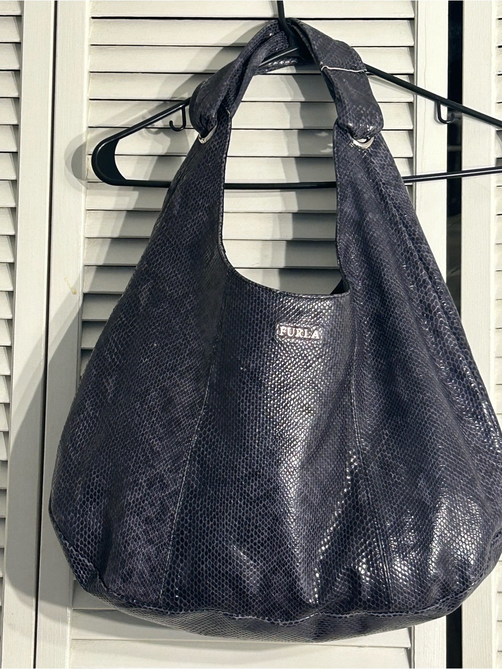Furla Snakeskin Embossed Hobo Bag in navy blue